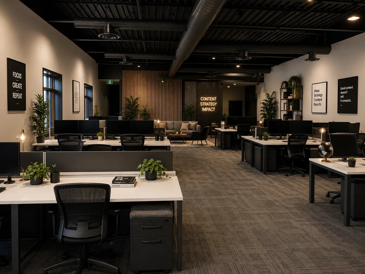 The open-area desk room with dual-monitor workstations at The Creator Lounge