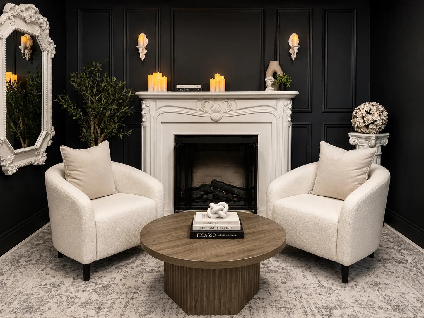 The Victorian: two cream armchairs and a round table in front of a white carved fireplace
